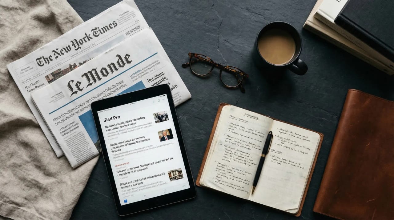 Researcher reading a personalized daily briefing on a laptop with topic cards and AI assistant icons curating insights
