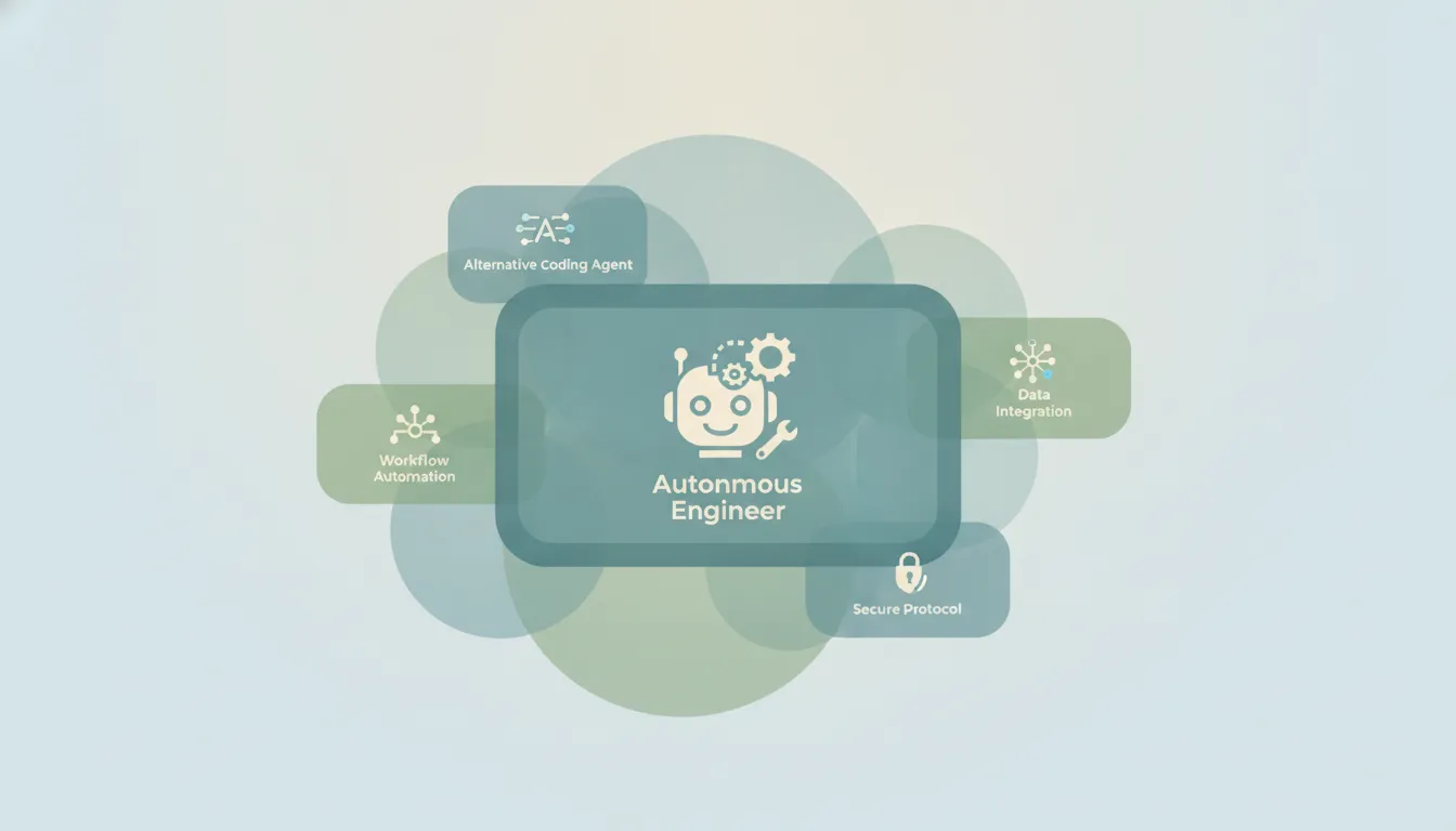 A central autonomous-engineer card ringed by alternative coding-agent cards, illustrating Devin alternatives