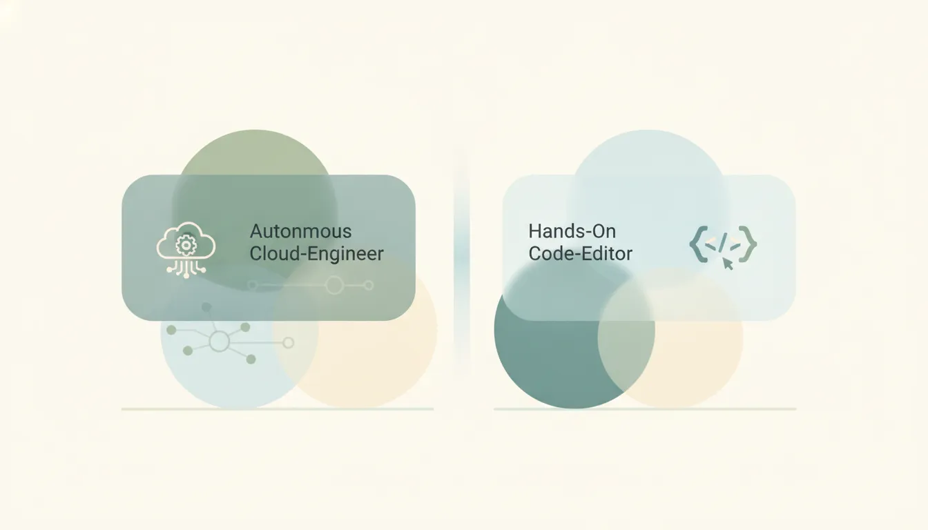 An autonomous cloud-engineer card facing a code-editor card, illustrating Devin versus Cursor