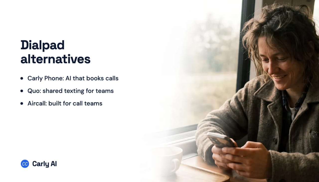 A commuter checking a phone on a train, beside the headline Dialpad alternatives