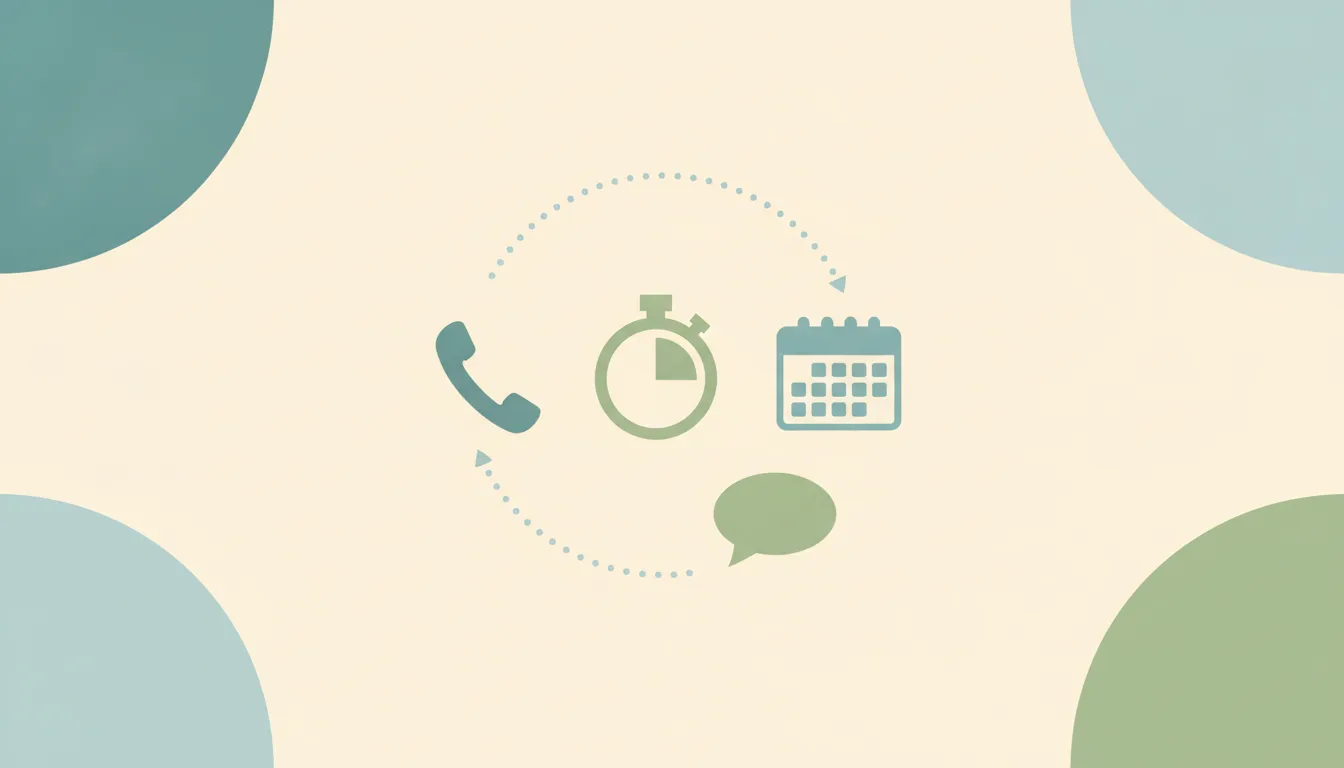 A phone handset beside a stopwatch, linked by dotted lines to a calendar and a chat bubble
