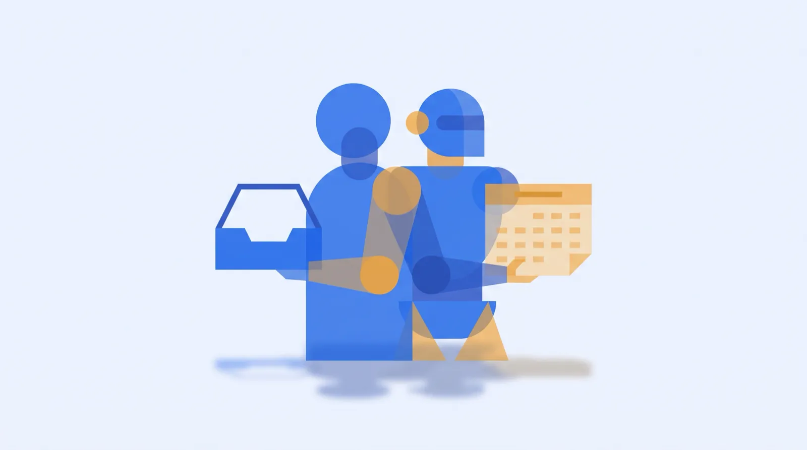 Two silhouetted assistants — one human with a notebook, one robotic with a glowing inbox — dividing a shared to-do list on a desk