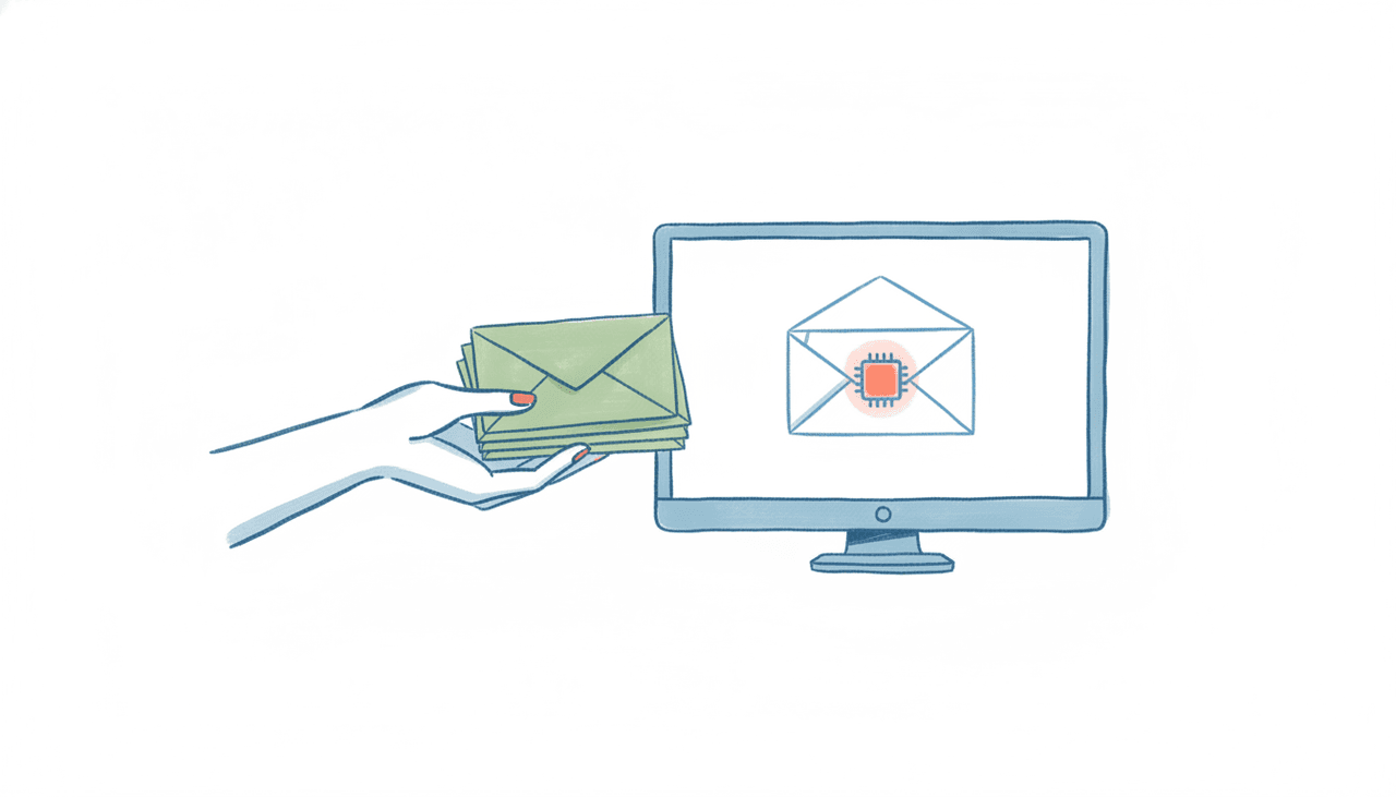 An inbox with a message being forwarded and CC'd to an assistant icon, then finished work returning, illustrating email delegation to an AI