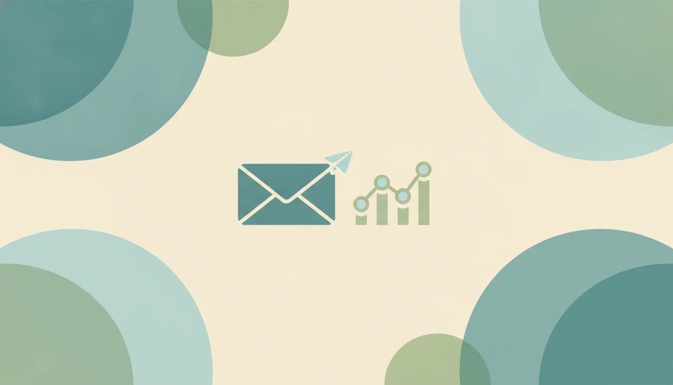 Abstract envelope shape with a small paper plane and a rising line chart with circular dots, over layered circles, representing email marketing statistics