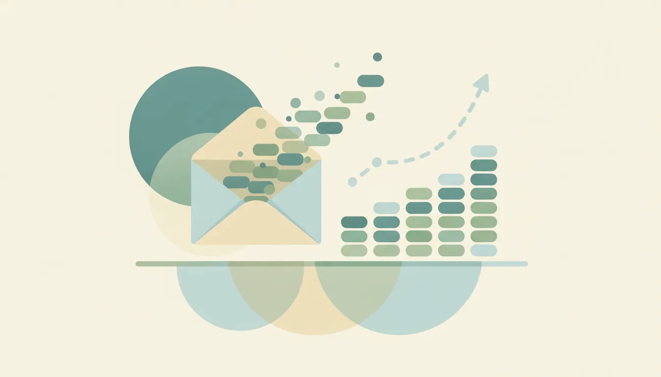 Abstract dashboard of an overflowing envelope feeding rising bar charts, representing email volume and overload statistics