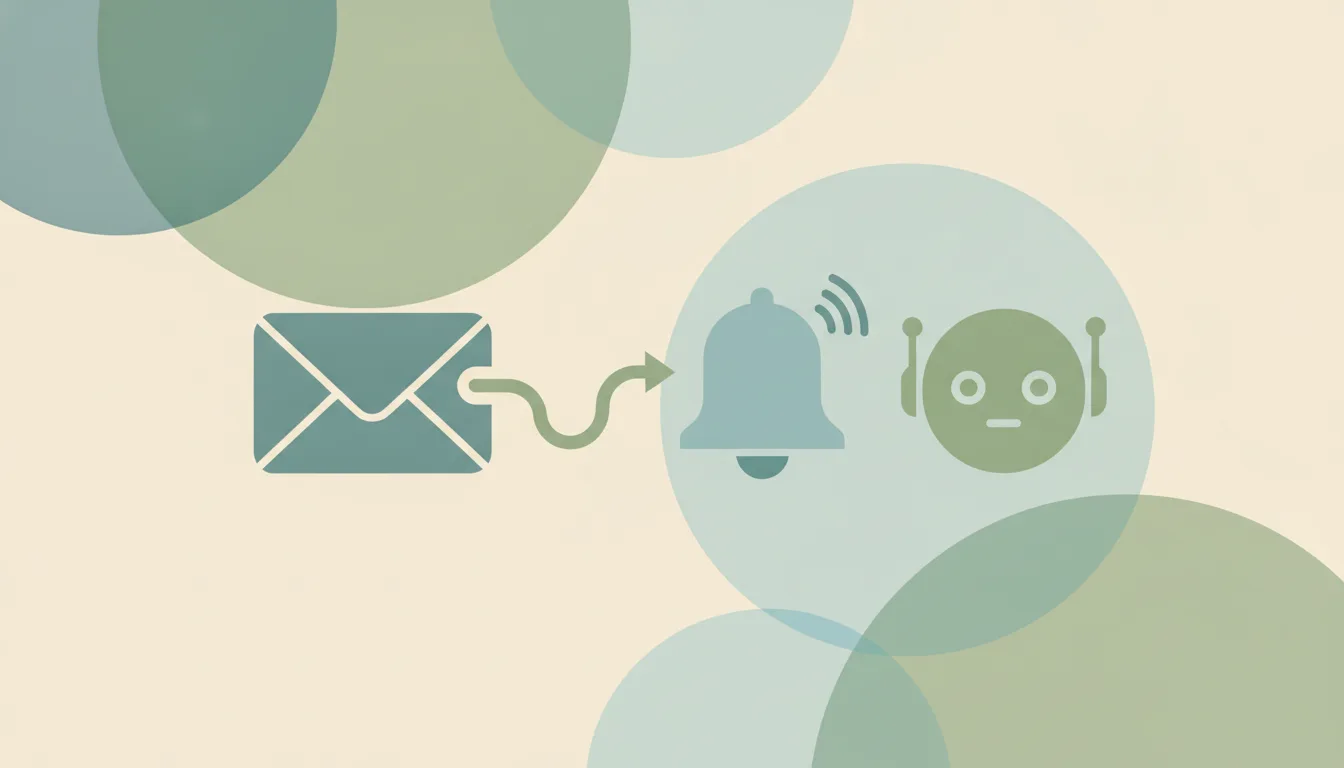 Abstract flat illustration of an envelope sliding into a funnel that turns into a cable plugged into a small server block, with a lightning bolt above it