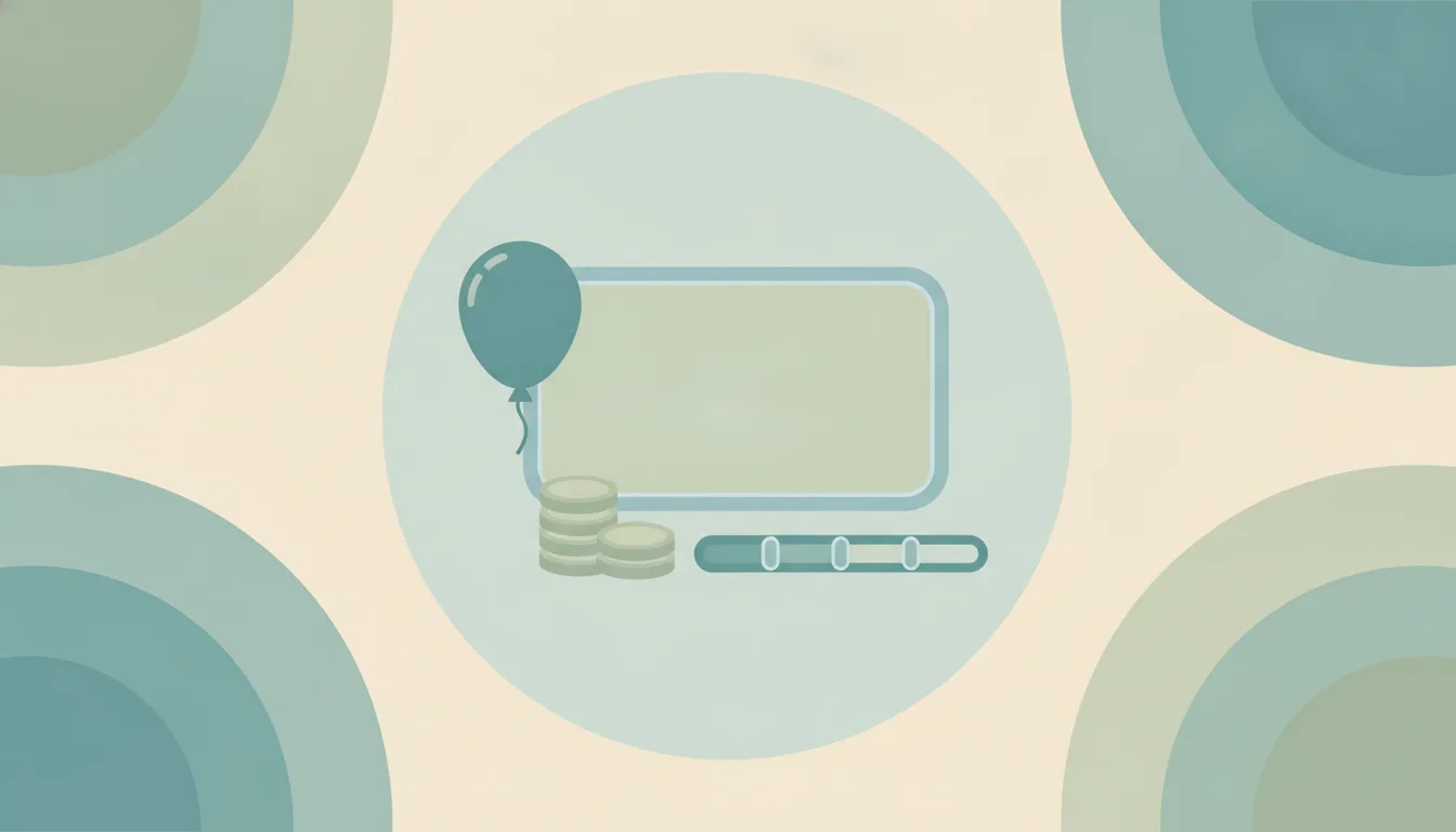 An invitation card beside a short stack of coins and a sliding price scale with four notches, over soft layered circles