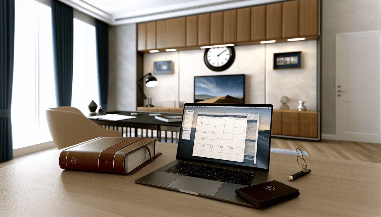 Executive at a clean desk with a tidy calendar, focus-time blocks, and protected meeting slots in a stylized illustration