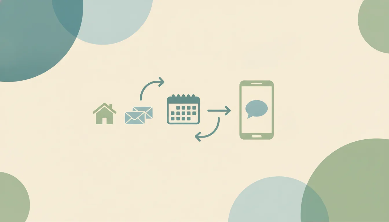 A small house shape beside a stack of envelopes and a calendar grid, with curved arrows to a phone showing a speech bubble, over soft layered circles