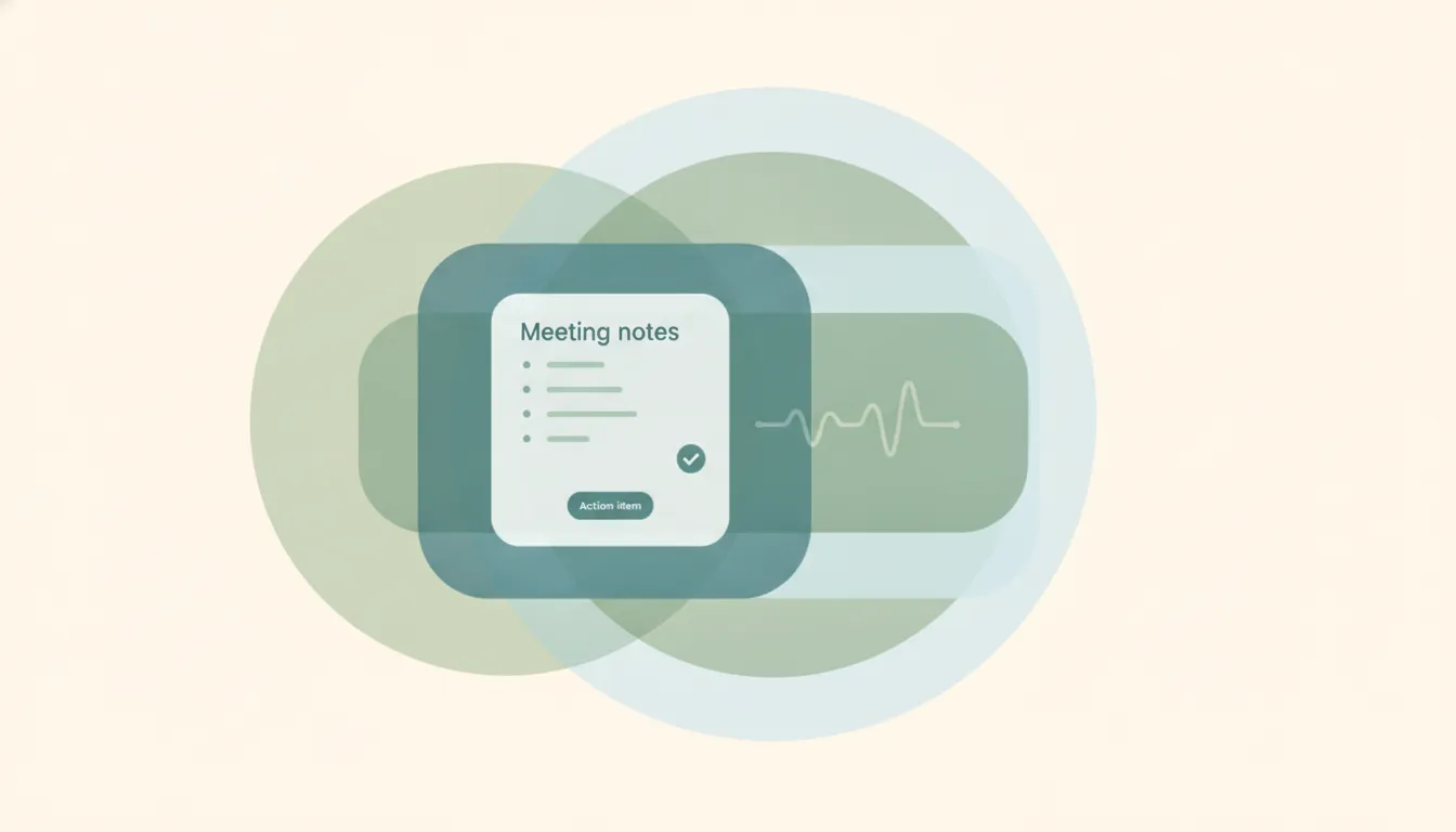 Meeting-notes card with an agenda, sound-wave line, and action-item checkmark, illustrating an AI meeting notetaker