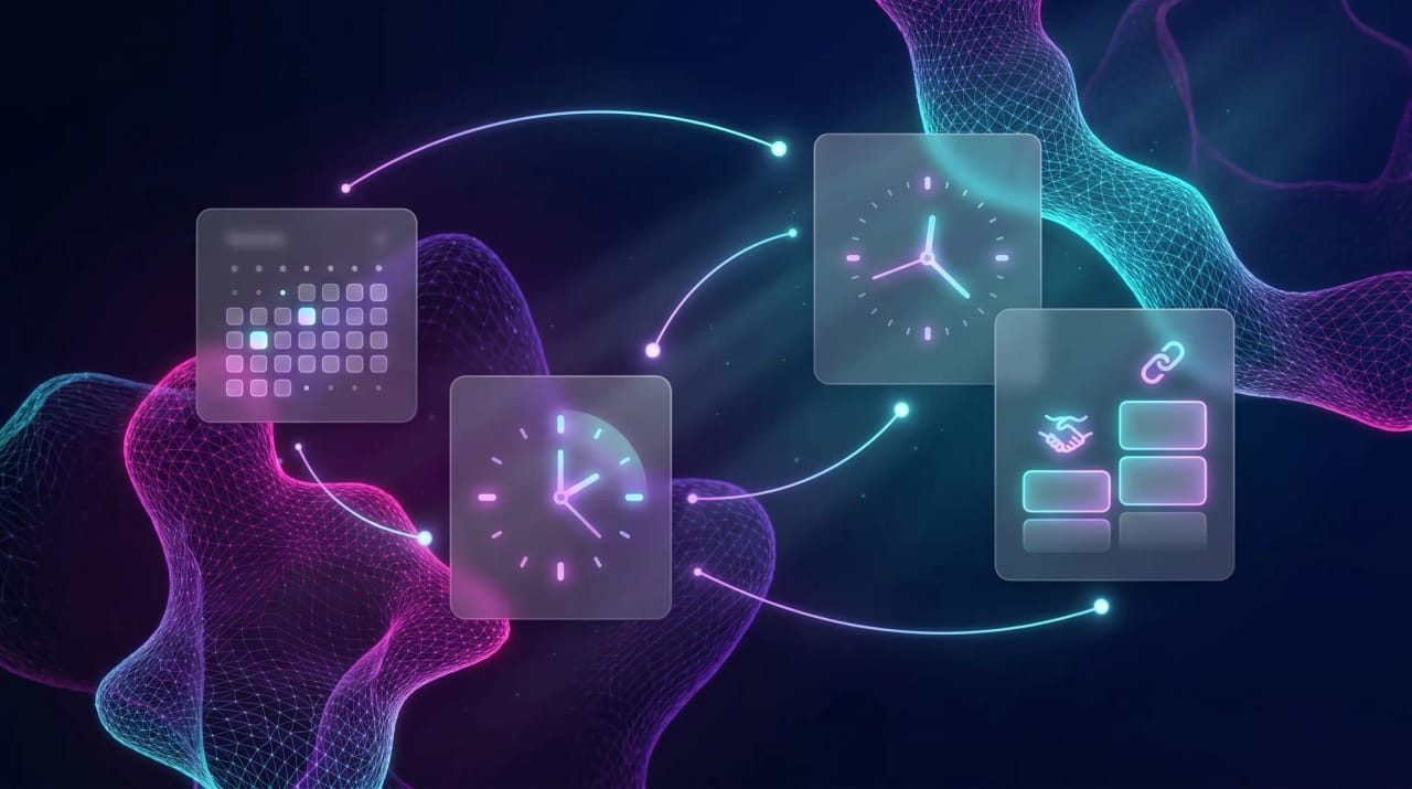 FlowSavvy logo surrounded by alternative auto-scheduling tool icons floating above a time-blocked calendar