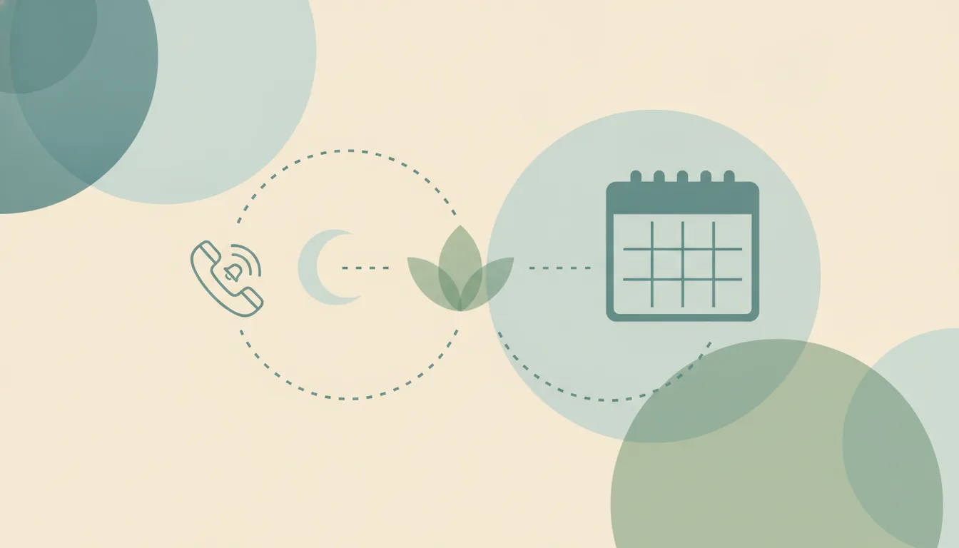 A ringing phone handset beside a simple crescent moon and a small flower shape, linked by dotted lines to a calendar grid over soft layered circles