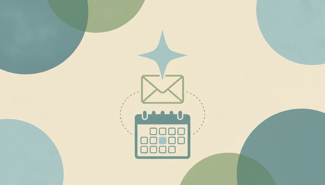 Illustration of a four-pointed sparkle star above an envelope and a calendar grid, joined by dotted arcs