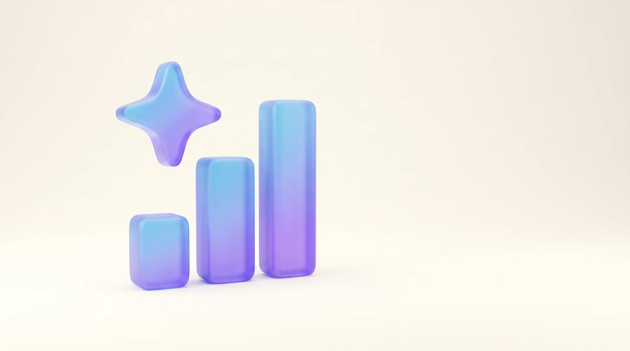 Frosted glass 3D bar chart with an AI sparkle icon on a cream background