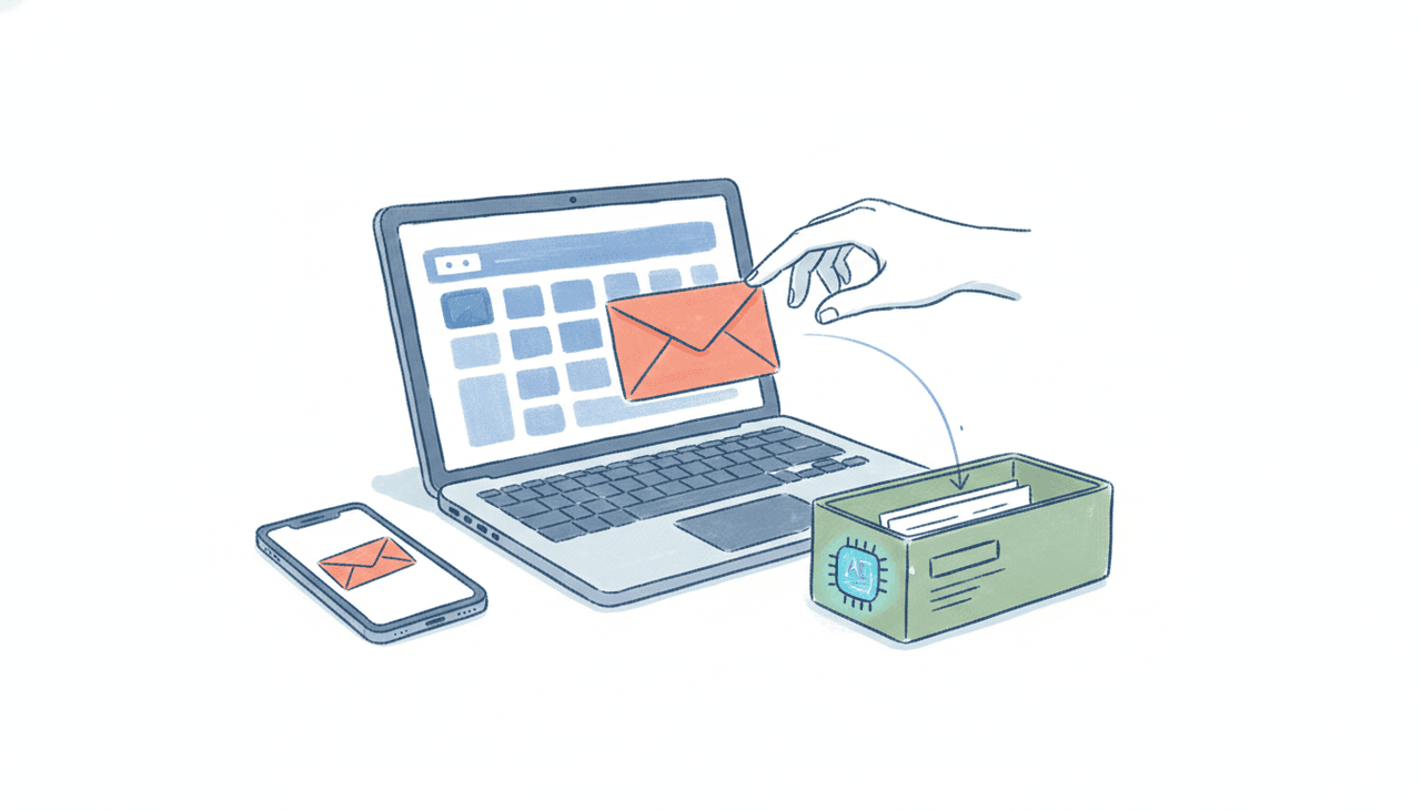 A dedicated email address flowing into a friendly AI assistant icon with completed work returning to the inbox, illustrating an AI you can email and CC