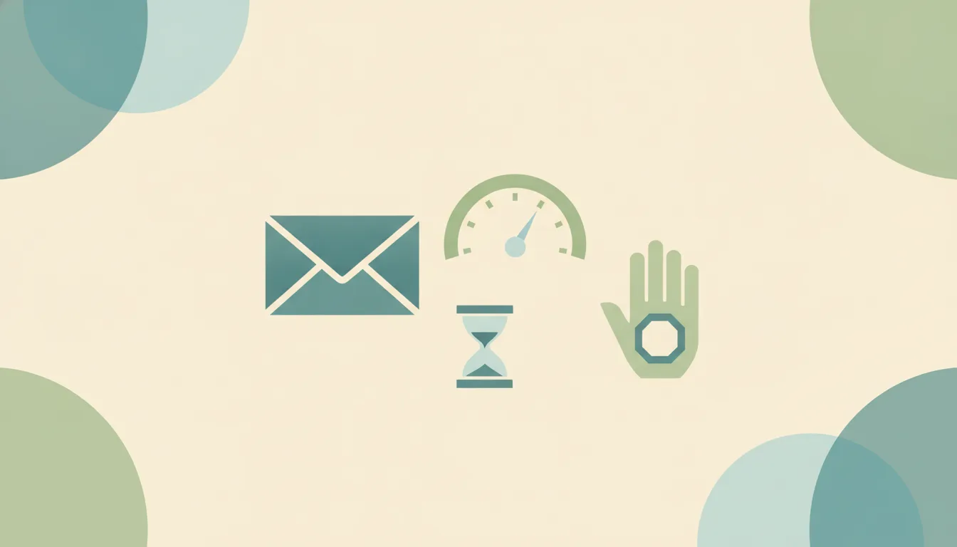 Abstract flat illustration of an envelope beside a speedometer gauge pushed into its red zone, with a small padlock and a short stack of coins
