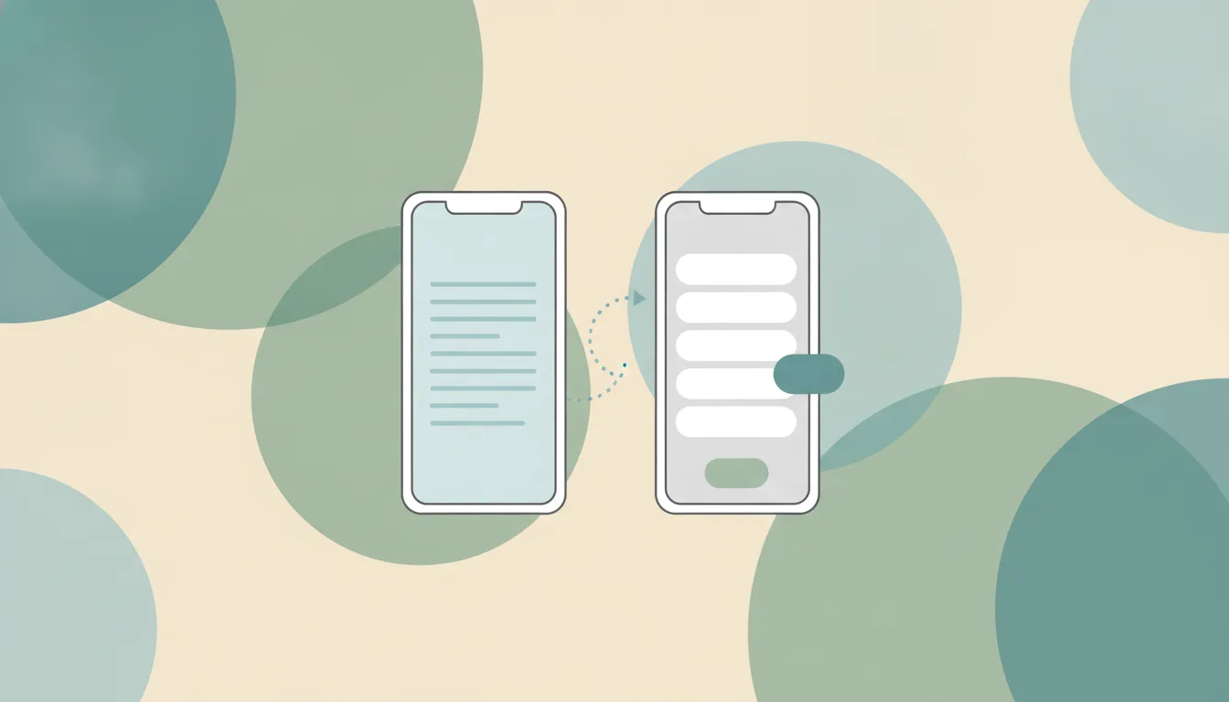 Two phone outlines: a flat list of rows on the left, and on the right a grey screen with separate white rounded cards, a pill-shaped swipe bubble and a pill button