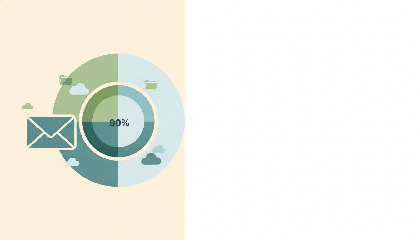 Abstract illustration of a storage gauge nearing full with envelope, folder, and photo icons feeding into a single bar