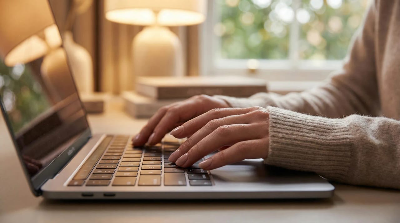 Keyboard with highlighted shortcut keys arrowing into a Google Calendar interface showing quick navigation actions