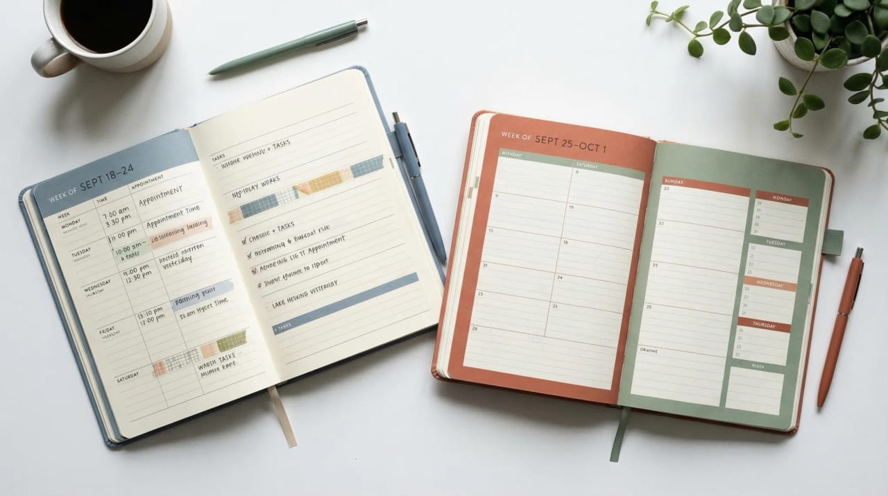 Two Google Calendar day views displayed side by side with overlapping events highlighted for comparison