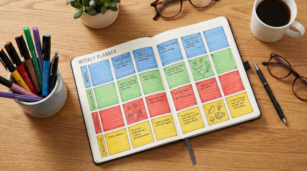 Google Calendar week view with colorful time blocks for deep work, meetings, and breaks arranged in a focused schedule