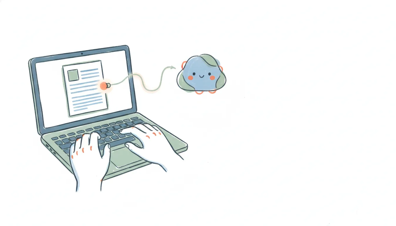 A laptop showing a Google Docs document, linked by a connector to a friendly AI assistant