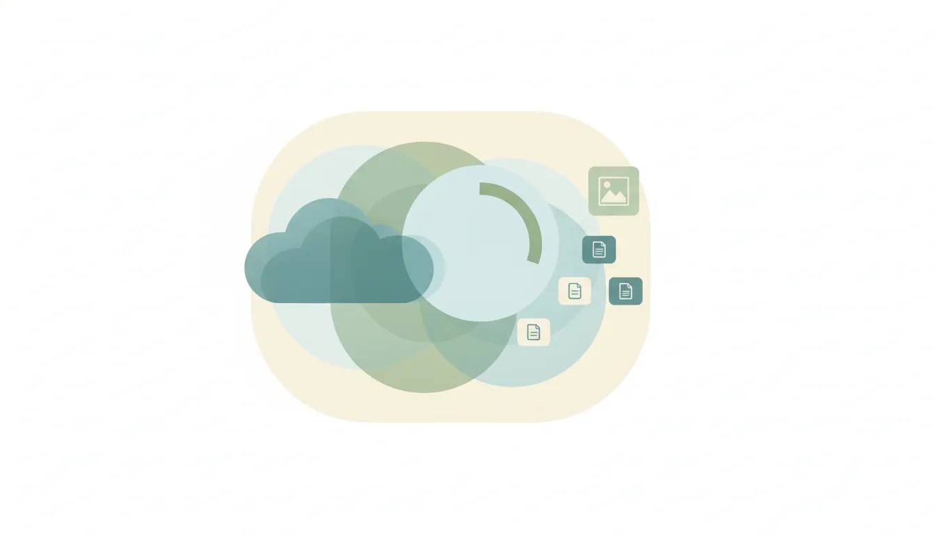 Abstract illustration of stacked cloud storage containers with one nearly full and others partially filled
