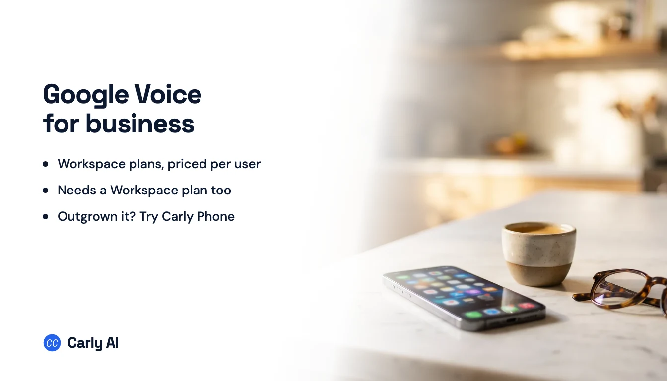 A phone on a marble counter, beside the headline Google Voice for business