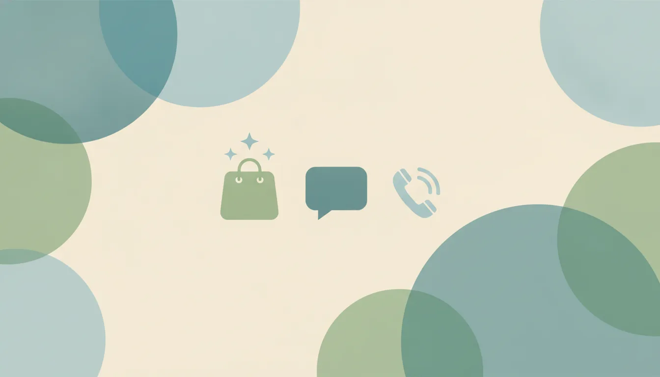 A shopping bag and chat bubbles flowing into a glowing AI node that sorts conversations into resolved and handed-over trays, with a phone handset set apart on the side