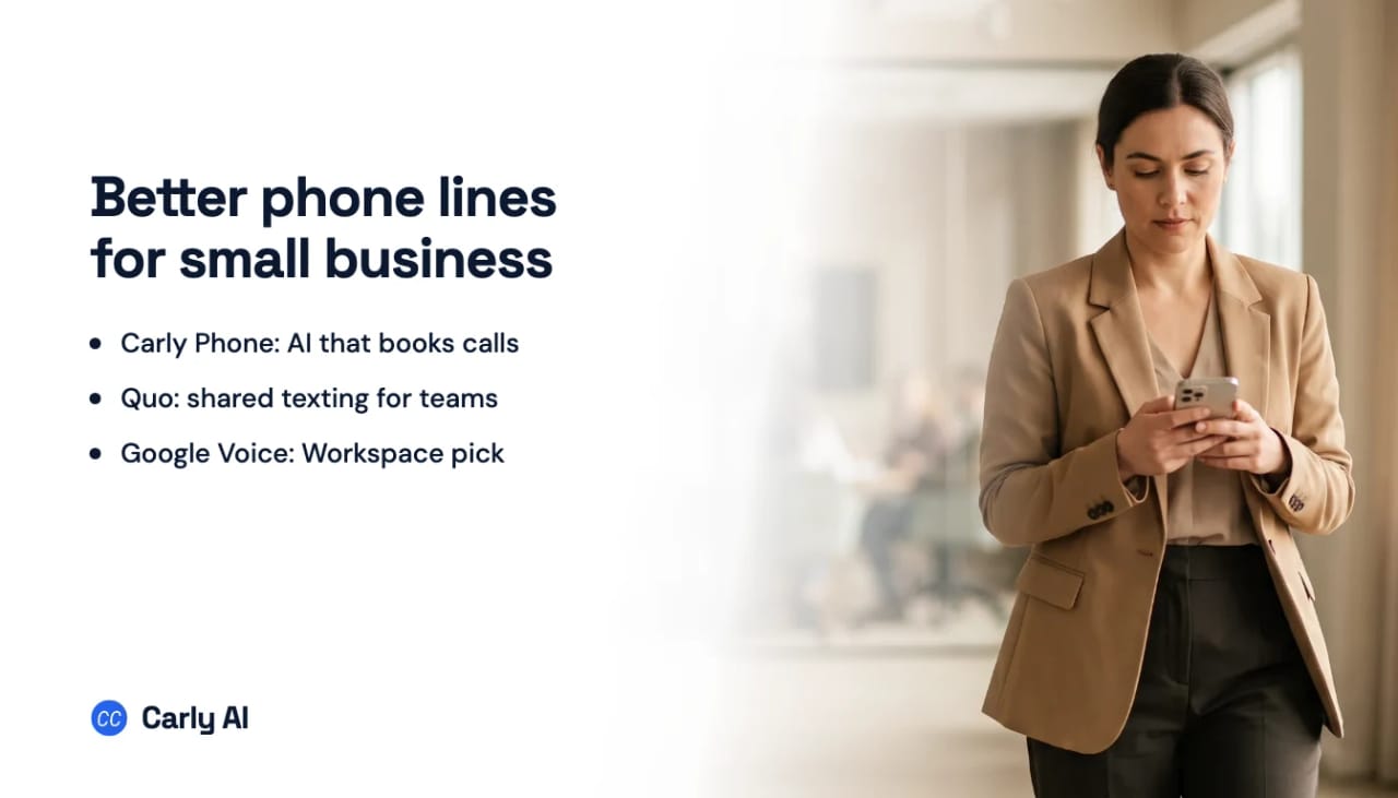 A person walking through an office on a phone call, beside the headline Better phone lines for small business