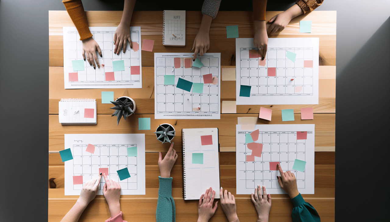 Grid of group scheduling tool icons floating above an availability poll with attendee avatars selecting common times