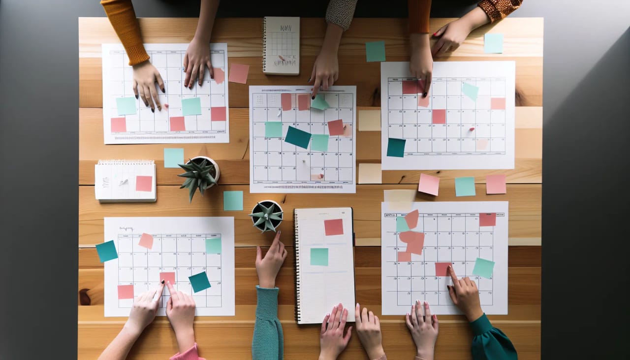 Grid of group scheduling tool icons floating above an availability poll with attendee avatars selecting common times