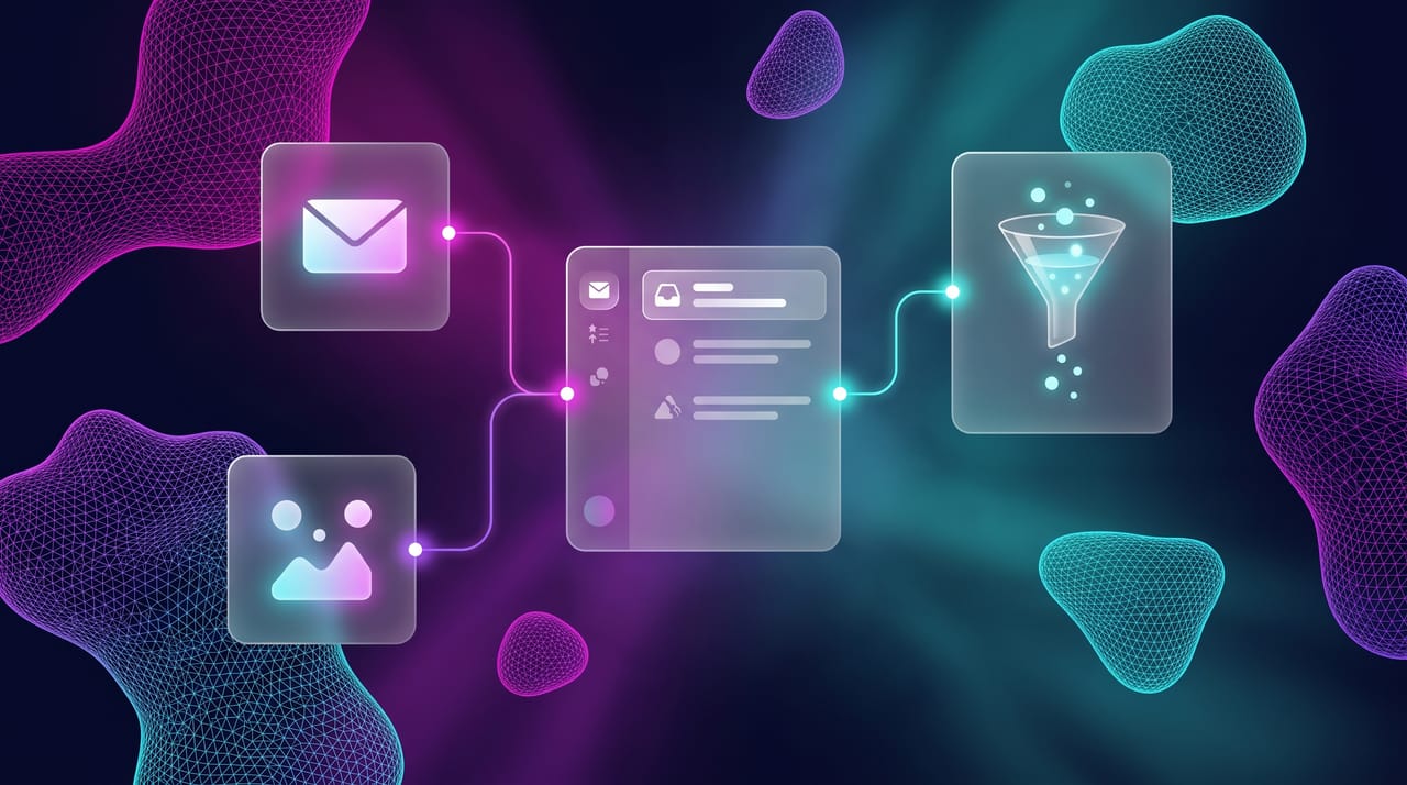 HEY email logo surrounded by alternative opinionated email app icons floating above a screened inbox view