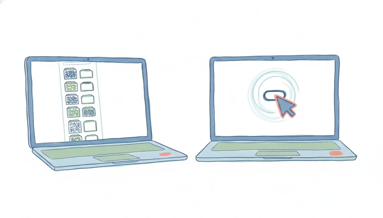 Hand-drawn sketch of two laptops side by side, one showing a memory-timeline panel and the other a glowing cursor halo