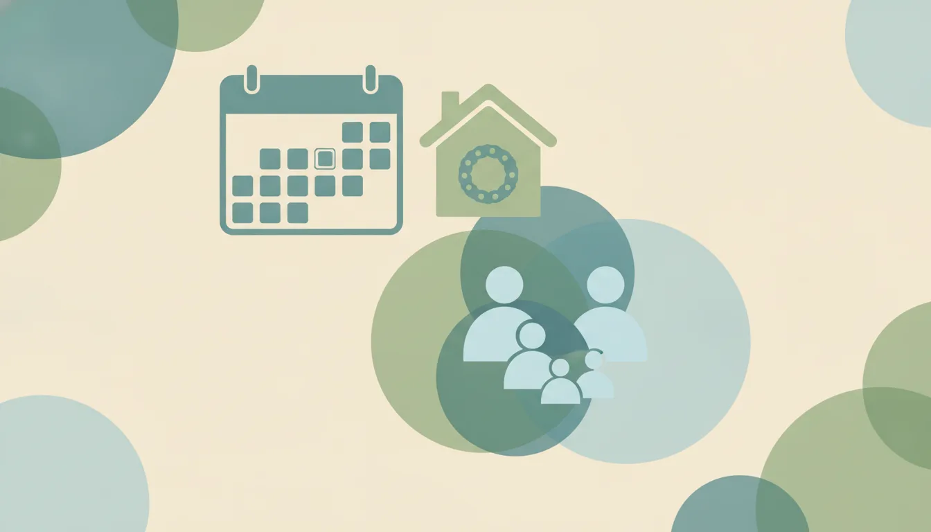 Calendar grid with highlighted holiday slots beside a small house with a wreath on the door and a family of four