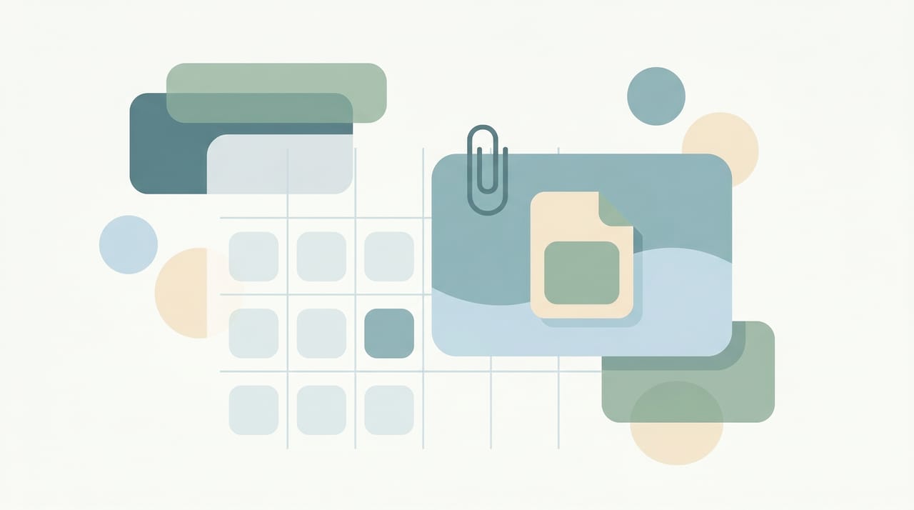 Calendar event card with a paperclip icon and Google Drive document icons attached to a meeting invite
