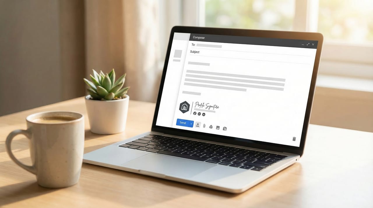 Illustration of an email signature block with a calendar booking link button beneath a name and title