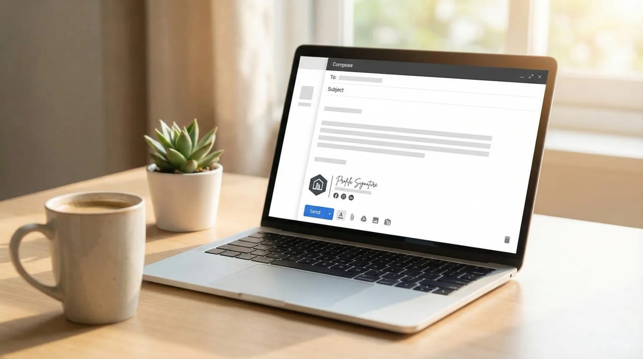 Illustration of an email signature block with a calendar booking link button beneath a name and title