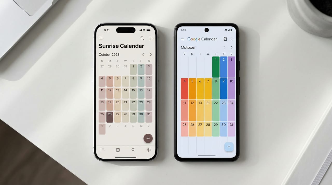 Google Calendar and Outlook side by side with arrows connecting their events, representing cross-platform calendar sync