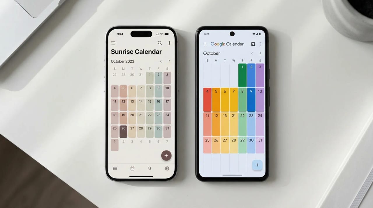 Google Calendar and Outlook side by side with arrows connecting their events, representing cross-platform calendar sync