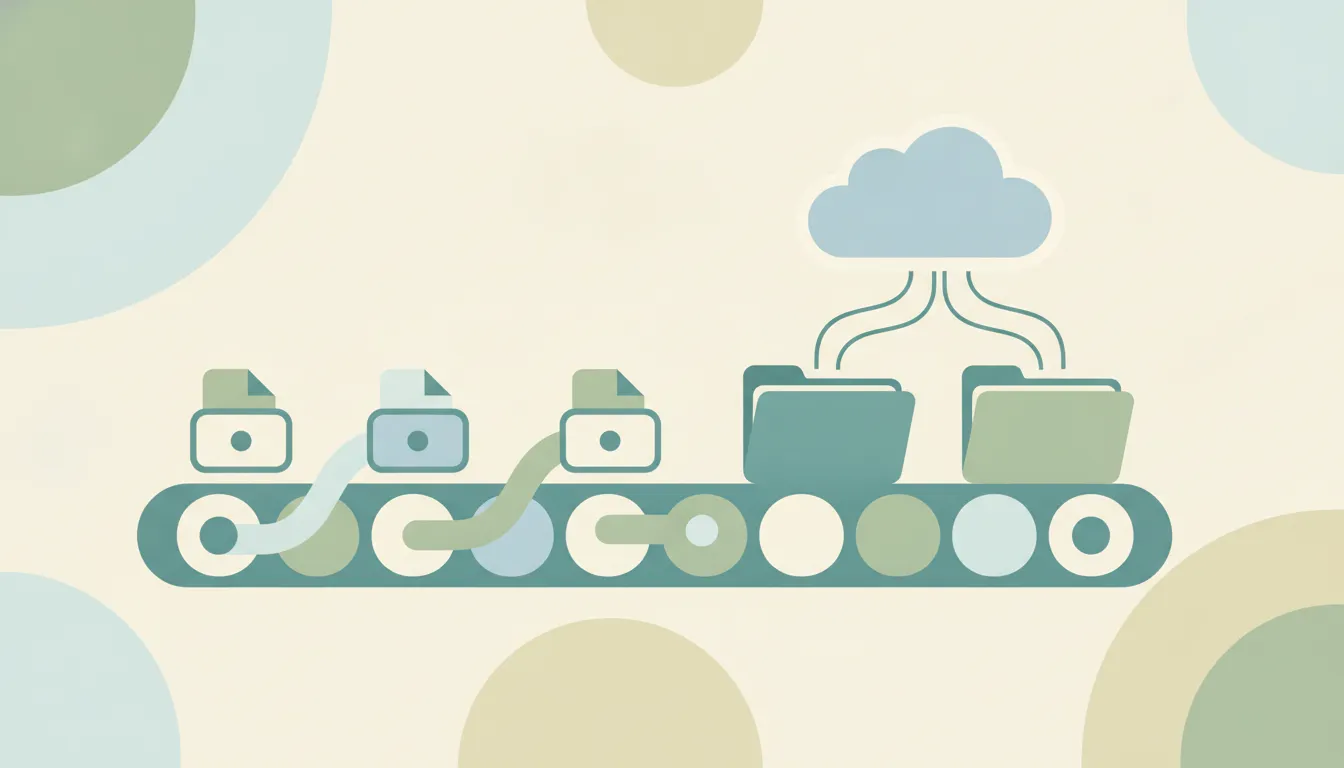 Soft files flowing along a gentle conveyor into sorted folders beside a cloud over layered circles
