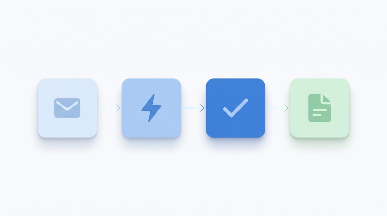 AI assistant icon orchestrating workflow icons for email, calendar, tasks, and documents in a hub-and-spoke layout