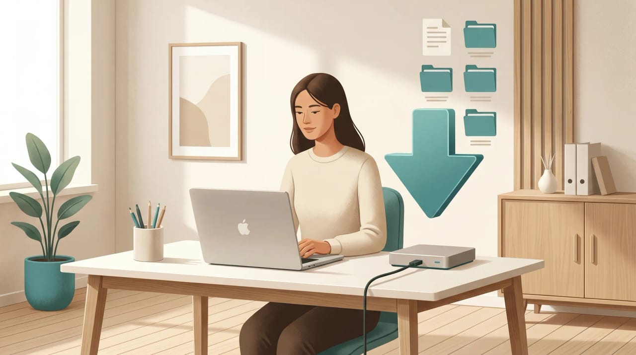 Gmail inbox with arrows pointing to a hard drive and cloud icon, representing email backup destinations