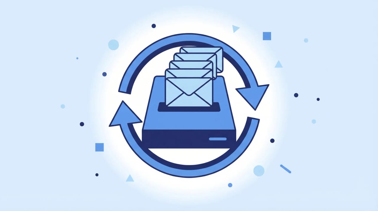 Outlook mailbox with emails flowing into a PST file icon and external storage drive