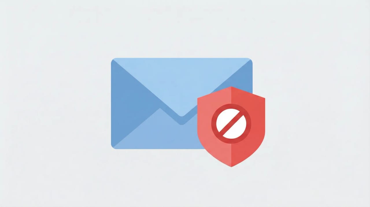 Outlook inbox showing a blocked sender icon and protective shield filtering junk mail