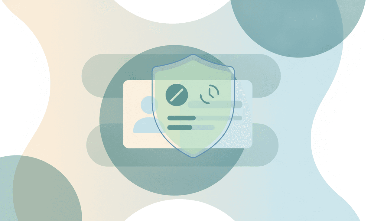 A profile card behind a soft shield with a small slashed-circle badge