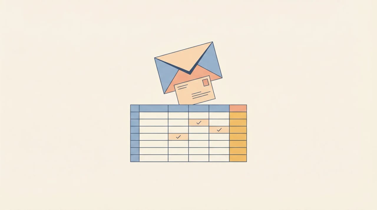 Illustration of an AI agent collecting mailing addresses from contact cards and organizing them into a tidy database