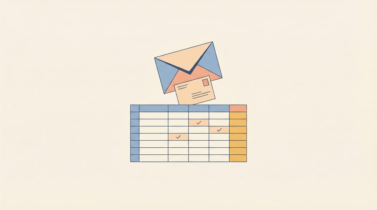 Illustration of an AI agent collecting mailing addresses from contact cards and organizing them into a tidy database