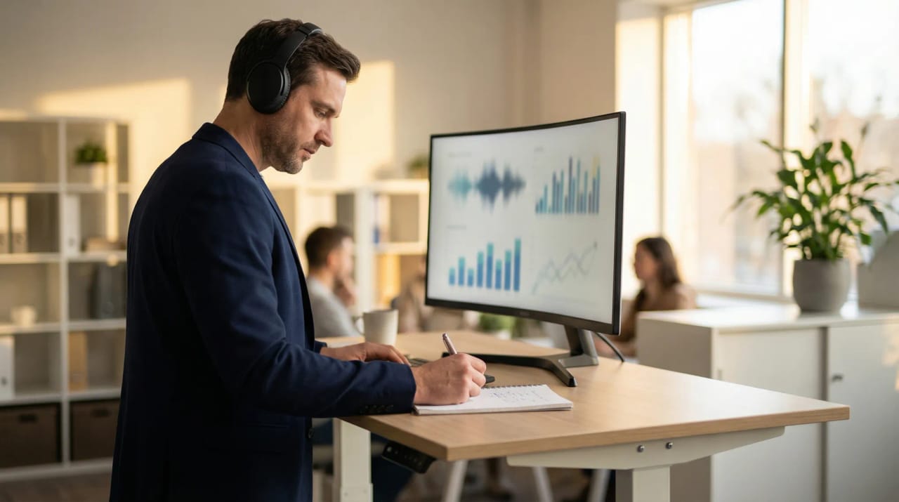 AI agent listening to a phone call waveform and producing notes, sentiment tags, and action items