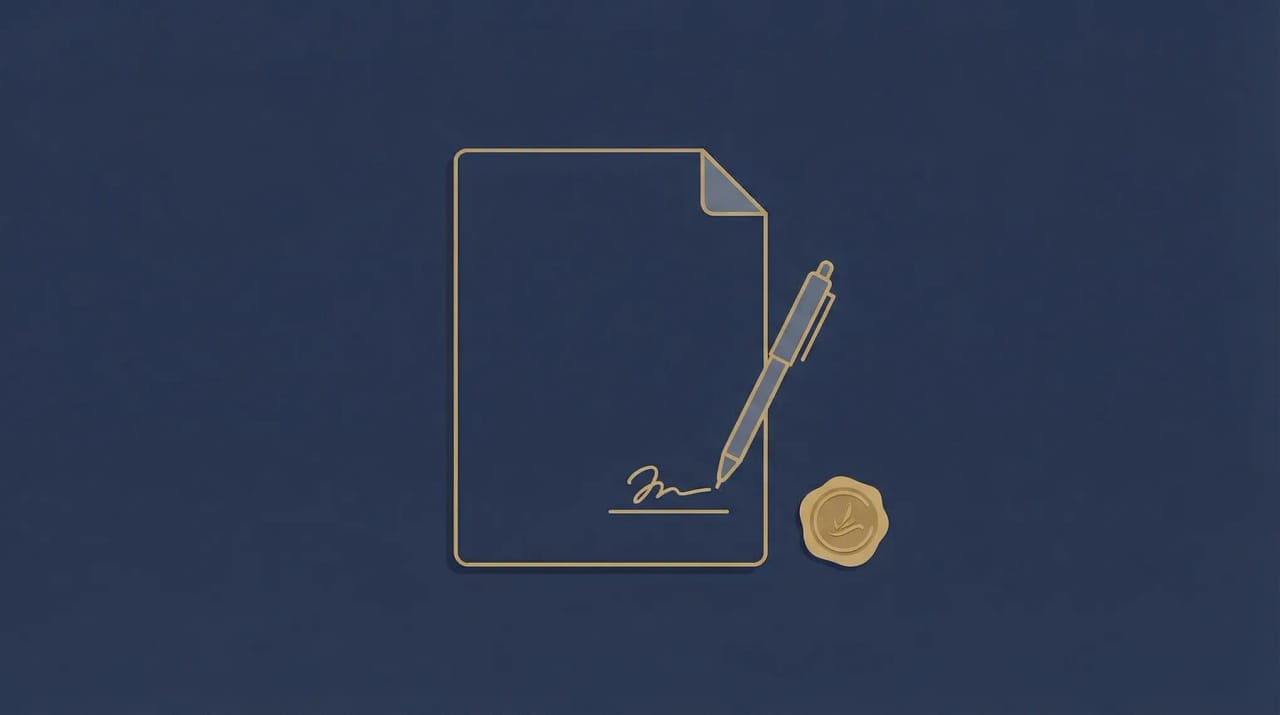 AI agent reviewing a contract document with highlighted clauses, signature lines, and a magnifying glass